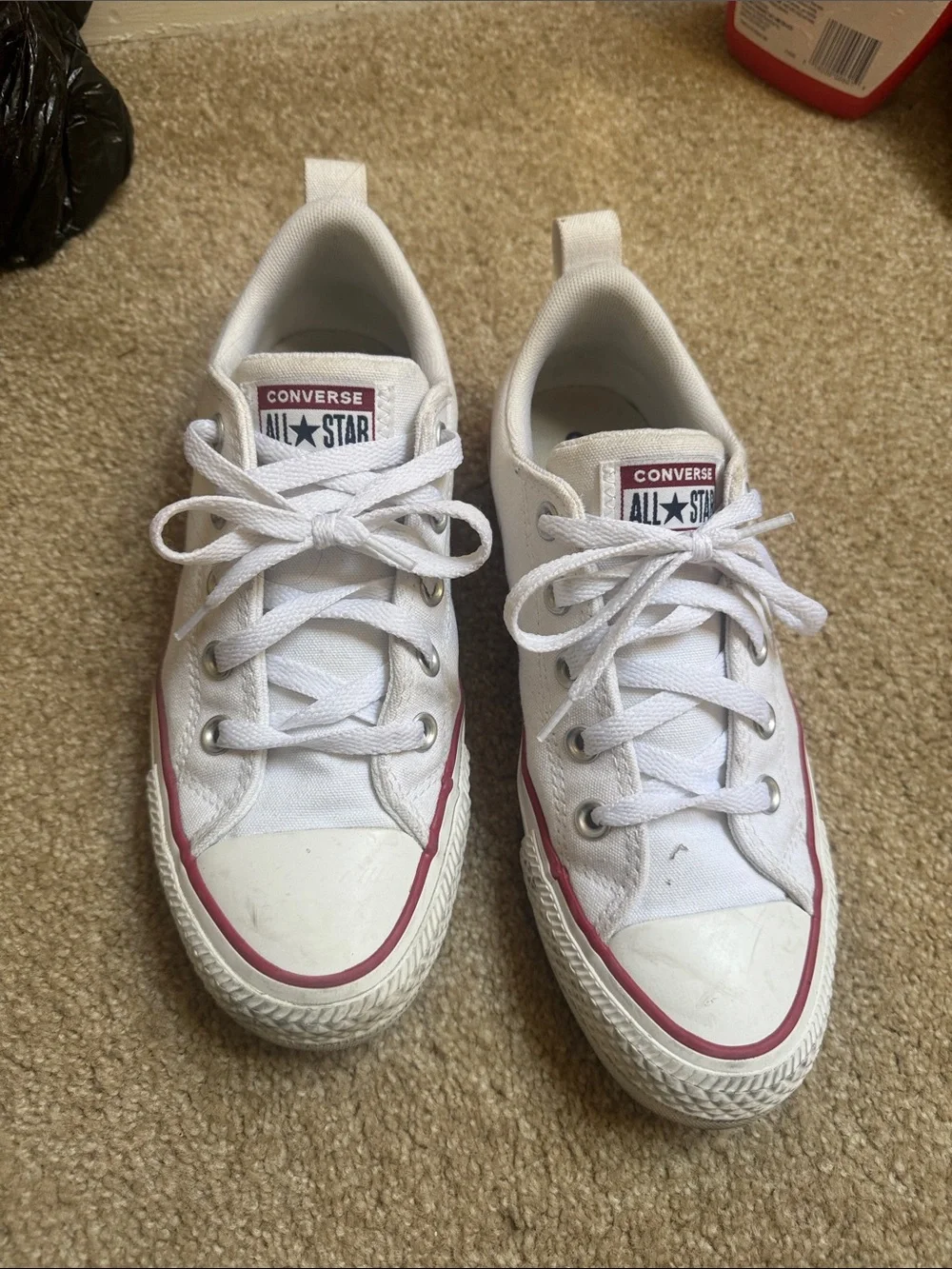 Converse Women’s Low Top Sneakers in White with Red Trim